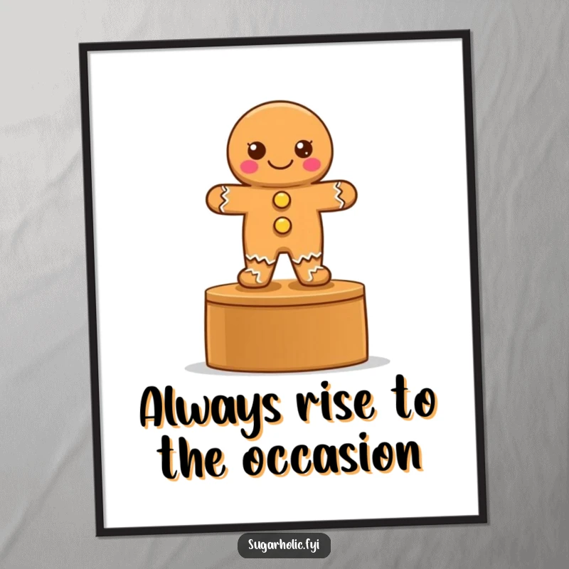 Funny free printable wall art depicting a proud gingerbread cookie with button eyes standing triumphantly on a winner's podium.