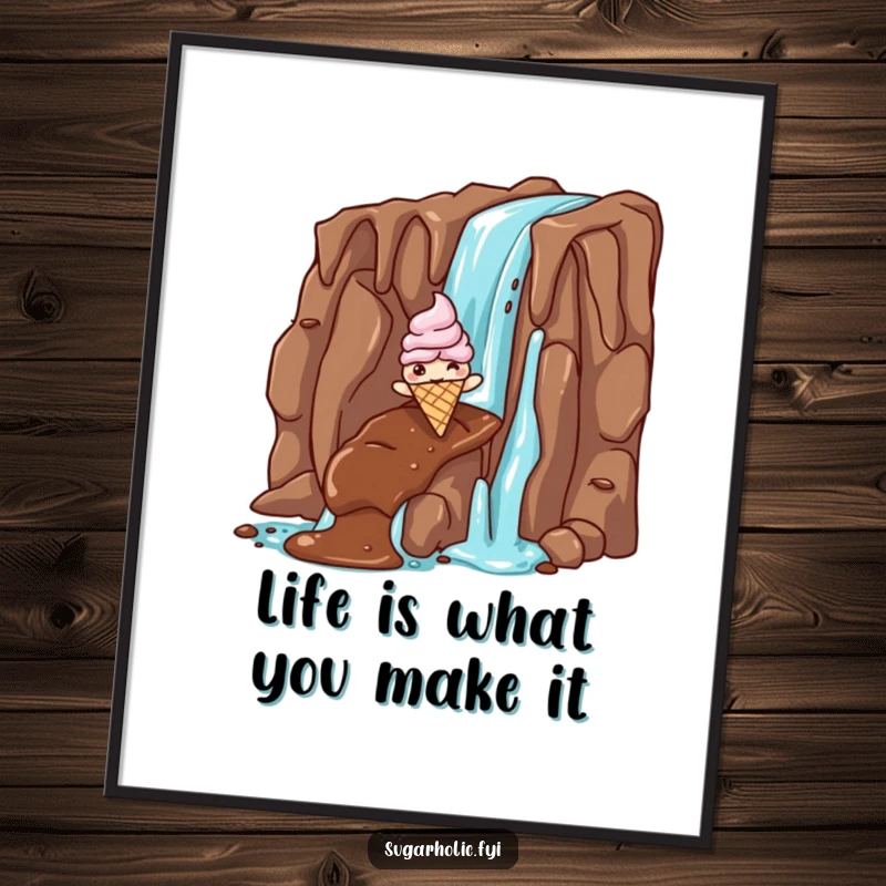 Funny free printable wall art of a giddy ice cream cone character in mid-slide down a decadent chocolate waterfall, a playful and cool decor piece.