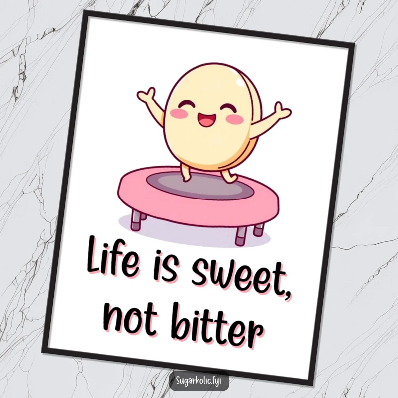 Funny free printable wall art of a delighted macaron character joyfully bouncing high on a colorful jelly bean trampoline, a vibrant and playful piece.