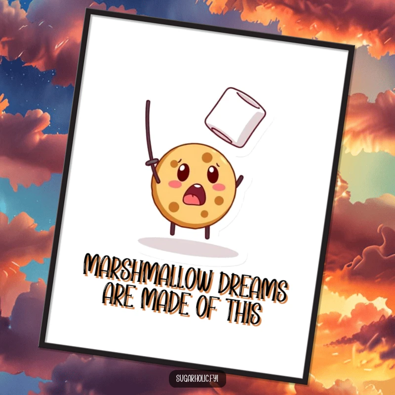 Funny Free Printable Wall Art: A surprised cookie character hilariously attempts to snatch a floating marshmallow from the air.