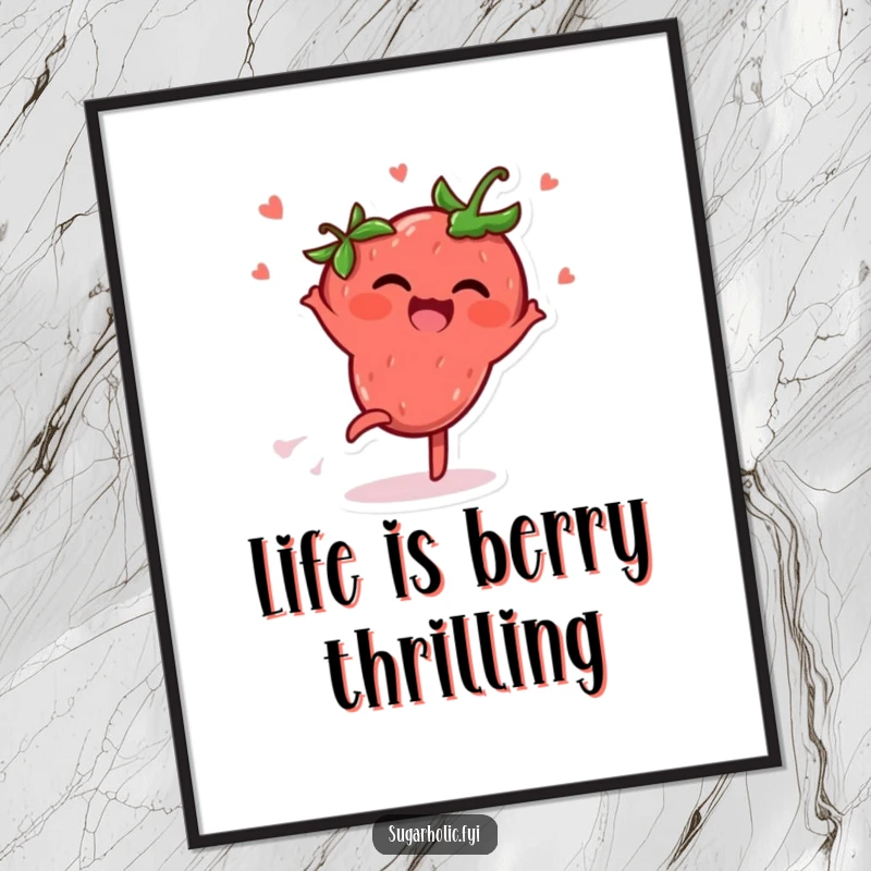 Funny Free Printable Wall Art of a delighted strawberry character doing a cartwheel and spreading infectious giggles.