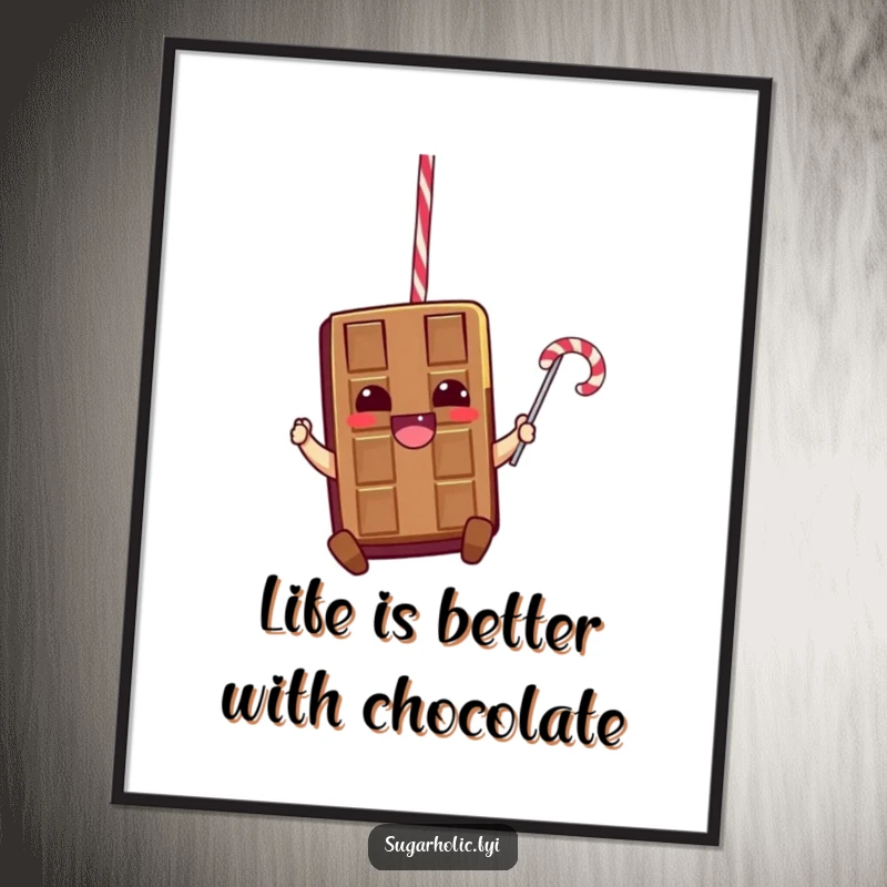 Funny Free Printable Chocolate Bar Wall Art: A thrilled chocolate bar character swinging from a licorice rope, adding playful decor.