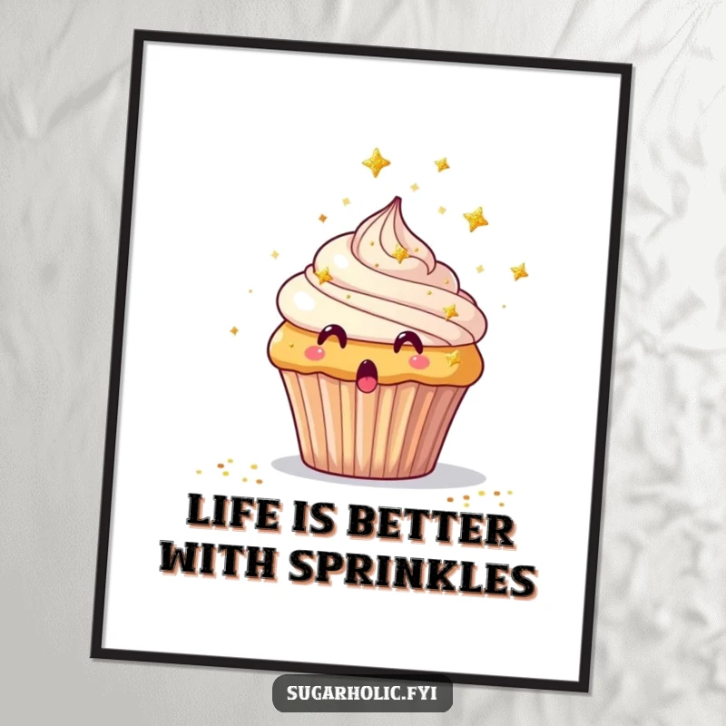Funny Free Printable Wall Art of a surprised cupcake being showered with tiny edible glitter stars, adding whimsy.