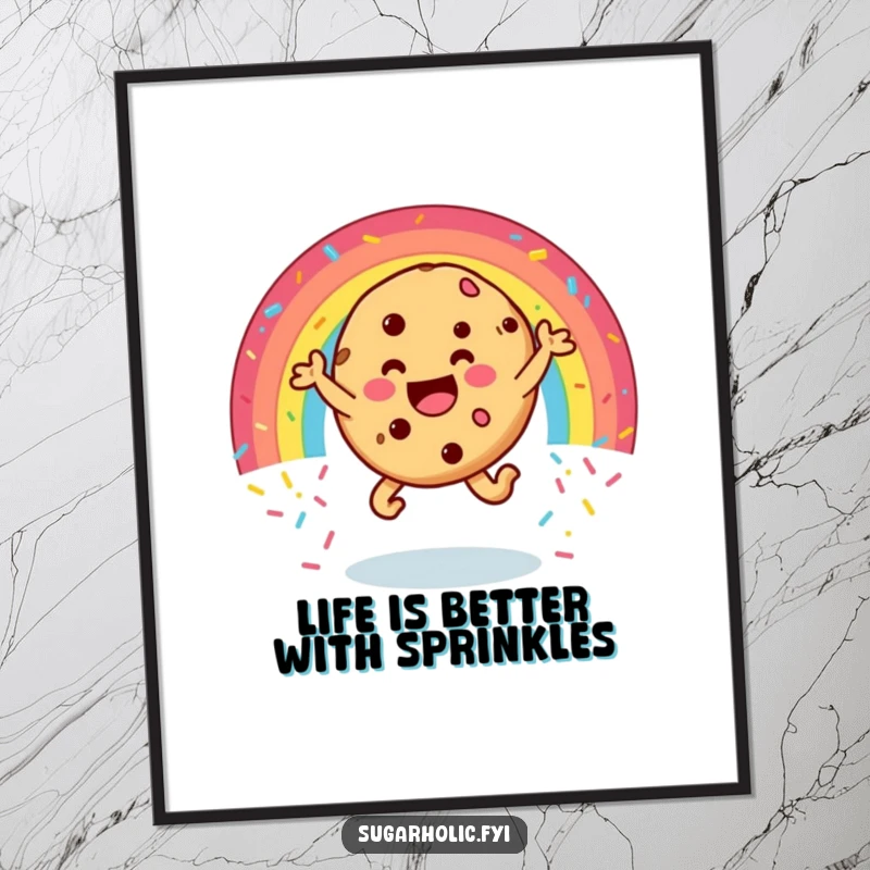 Funny free printable wall art of a happy cookie character dynamically leaping through an explosion of colorful sprinkles, a cheerful and vibrant piece.