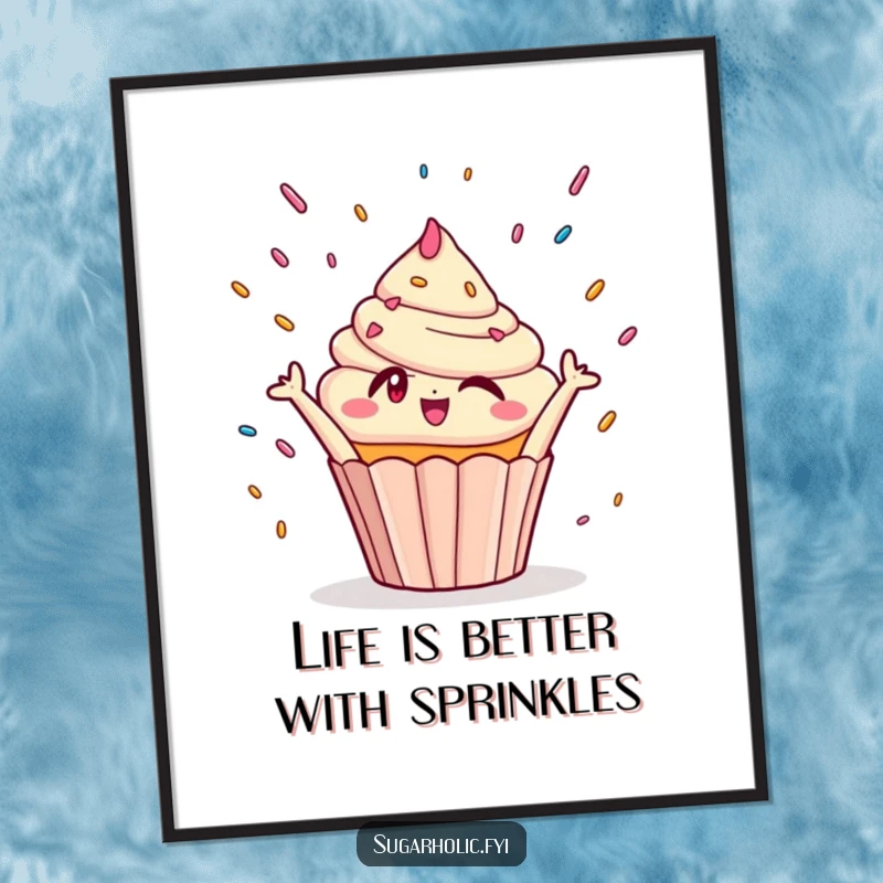 Funny Free Printable Wall Art: Winking cupcake character joyfully reaching for raining sprinkles, a sweet and humorous decoration.
