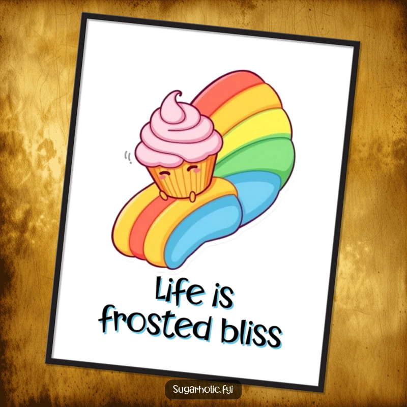 Funny Free Printable Wall Art of a cupcake character giggling as it slides down a vibrant frosting rainbow.
