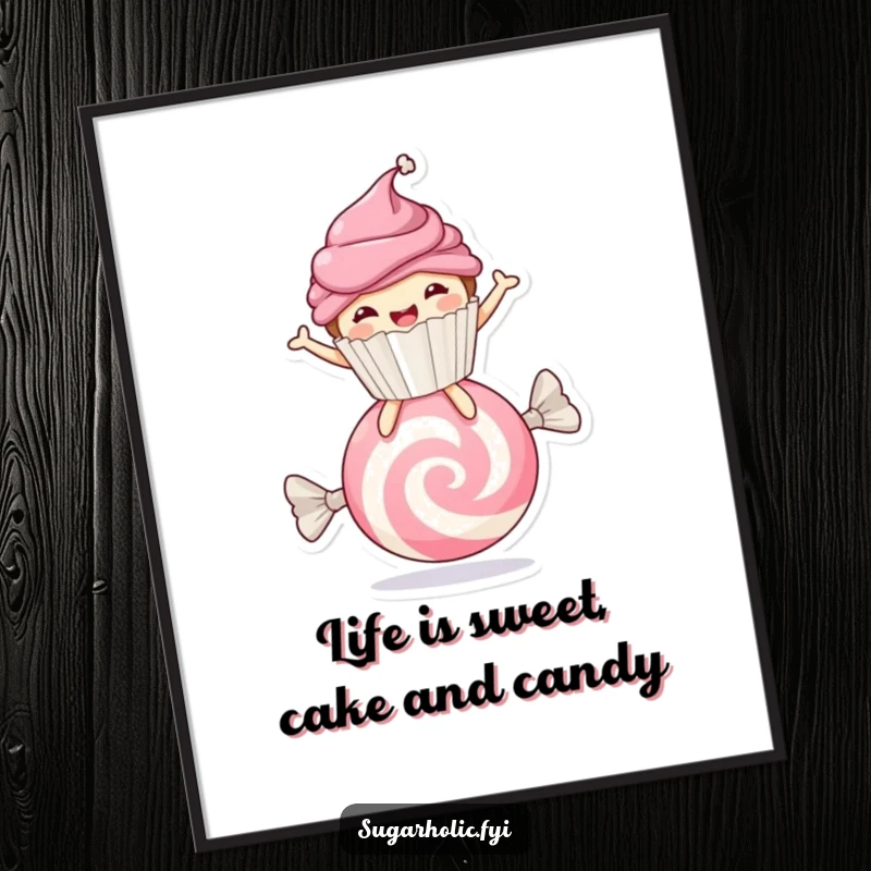 Funny Free Printable Wall Art: Smiling cupcake character mid-bounce on a giant candy, vibrant and fun.
