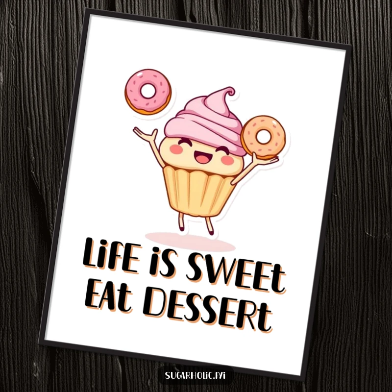 Funny Free Printable Wall Art: A smiling cupcake character joyfully juggling three delicious donuts in the air, bringing cheer.