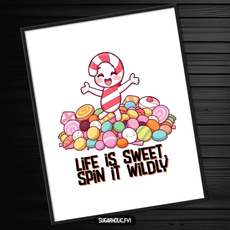 Funny free printable wall art of a jolly candy cane character joyfully spinning on a heap of colorful confectionery, adding sweet humor.
