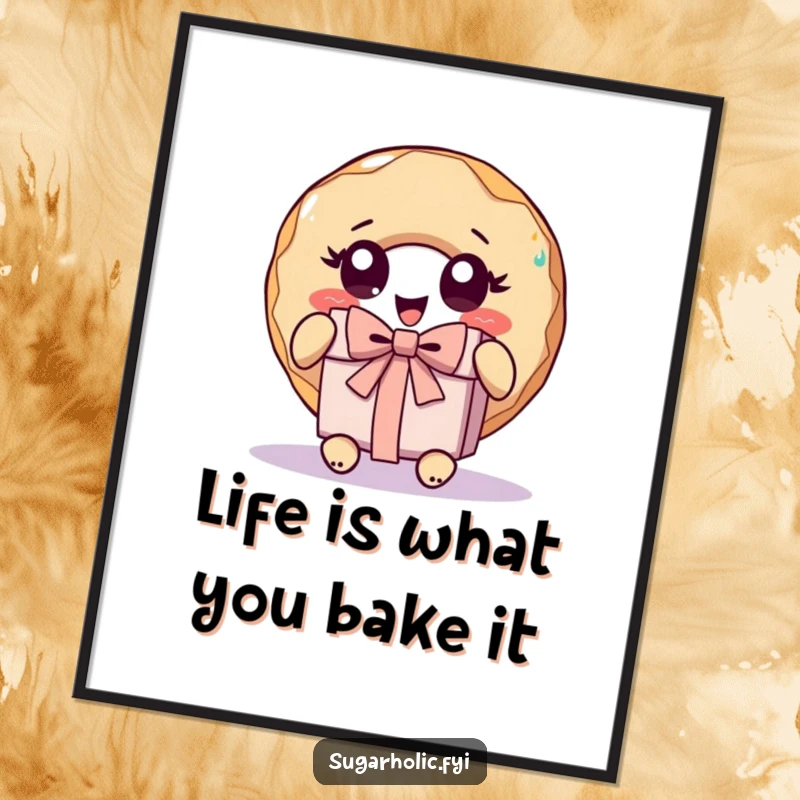 Funny Free Printable Wall Art: A donut with wide, excited eyes unwraps a gift, full of sugary anticipation.