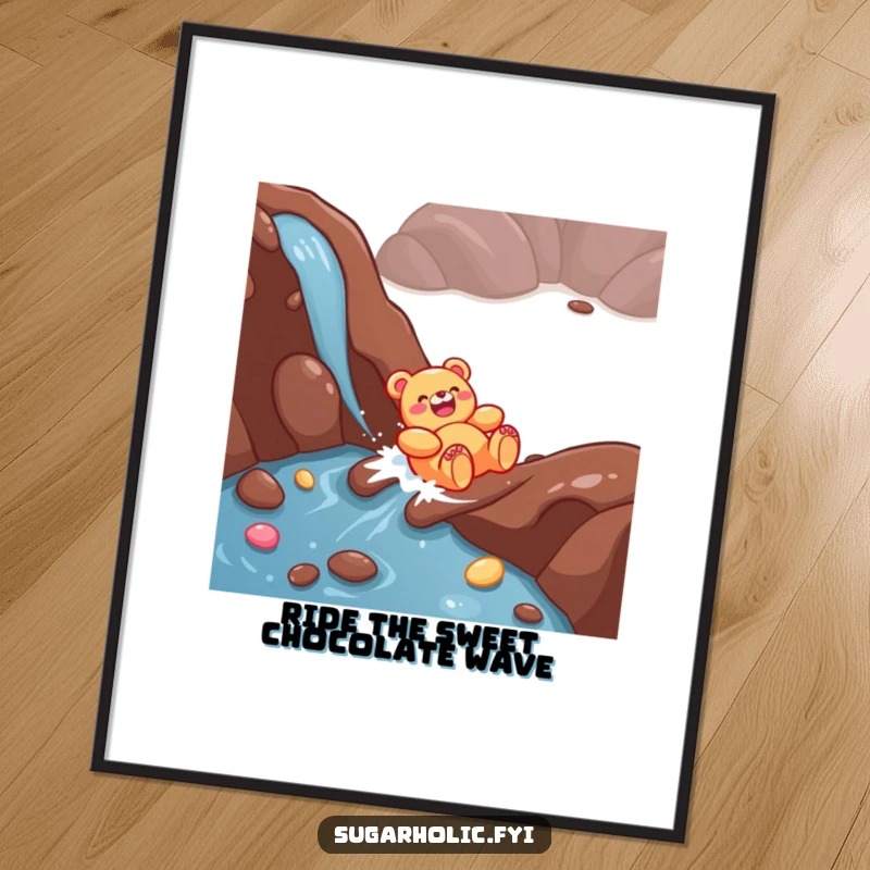 Funny Free Printable Wall Art: A giggling gummy bear slides down a luscious chocolate river, bringing sweet joy to your walls.