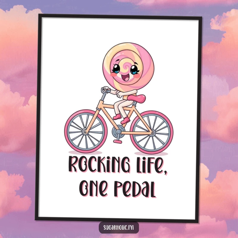 Funny Free Printable Wall Art: A lollipop character excitedly pedals a tiny bicycle made of rock candy, radiating happiness.