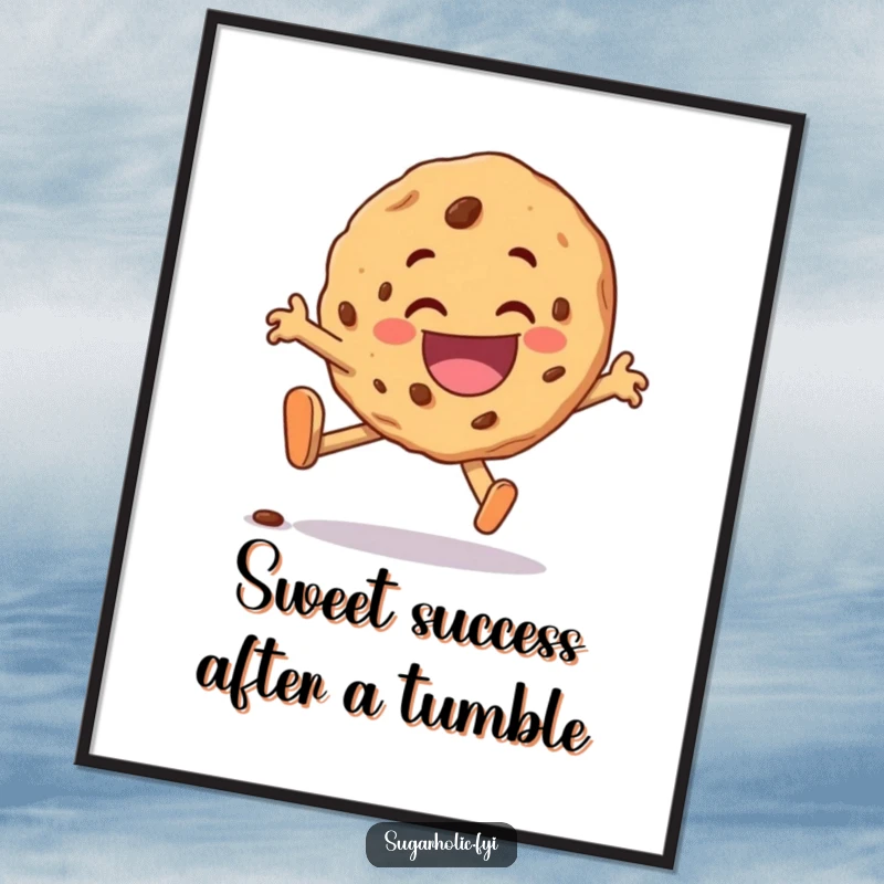 Funny Free Printable Wall Art: A cookie character comically tripping headfirst but smiling broadly, capturing a moment of pure joy.