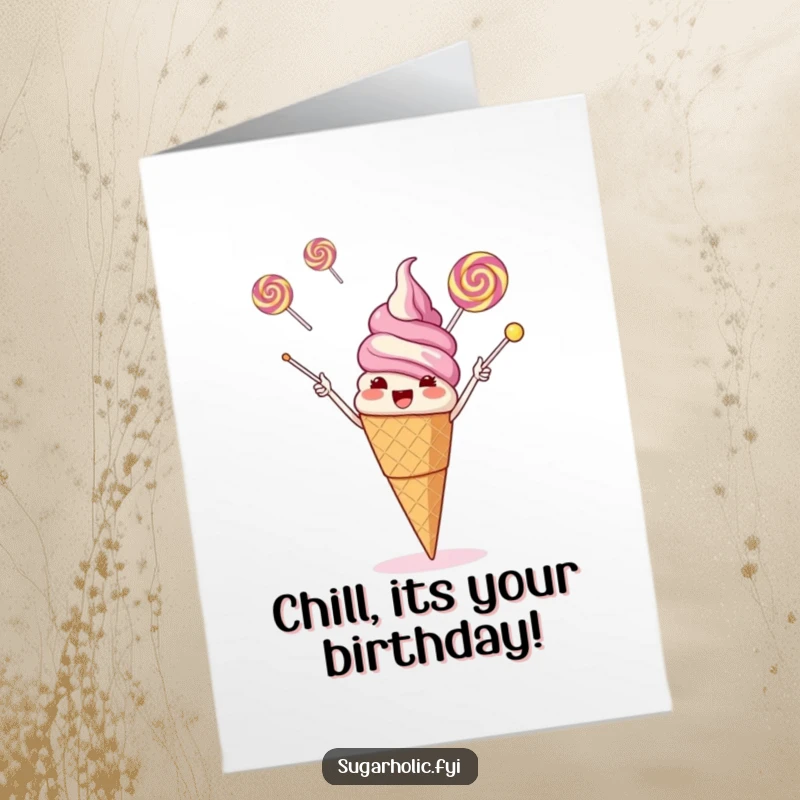 Funny free printable birthday card featuring a giggling ice cream cone juggling three flying lollipops.