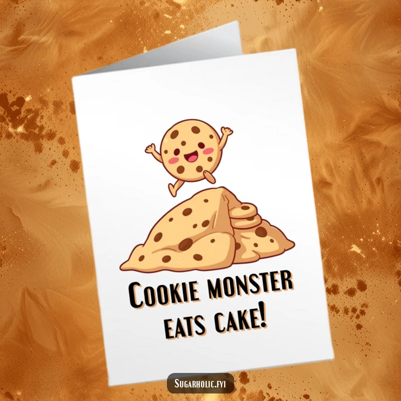 Funny Free Printable Birthday Card: A giggling cookie character joyfully leaps over a massive stack of delicious cookies.