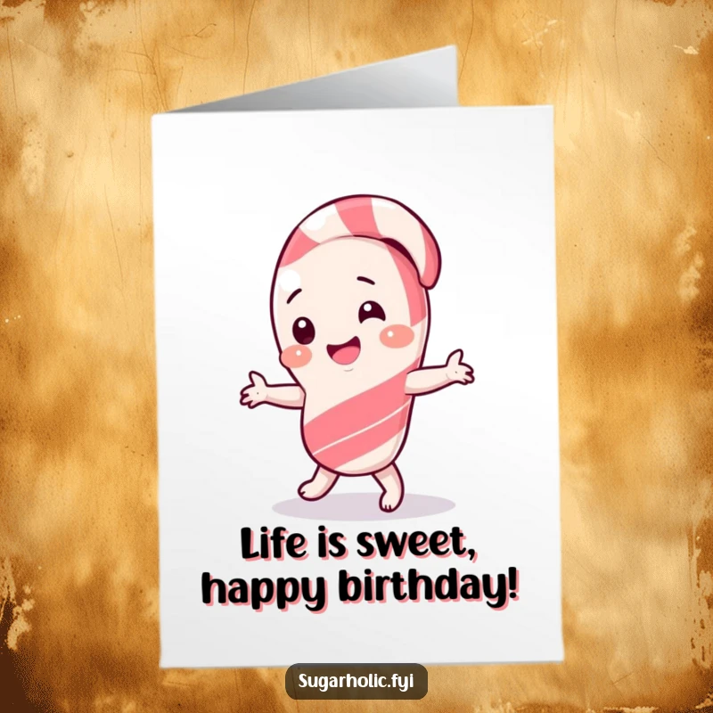 Funny Free Printable Birthday Card: A giggling candy cane character performs a goofy, energetic silly dance.