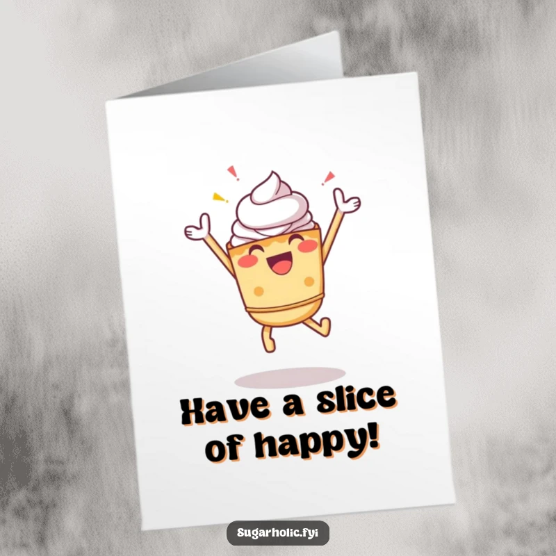 Funny Free Printable Birthday Card: A cheerful pie character leaps joyfully in celebration, perfect for birthdays.