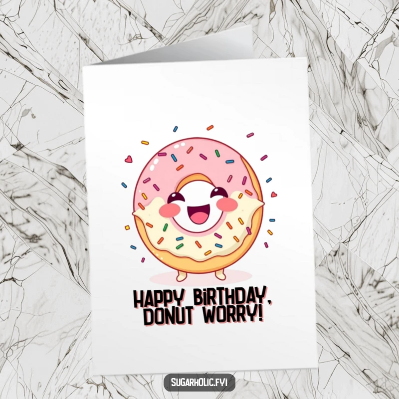 Funny Free Printable Birthday Card: A laughing donut character expertly juggles a cascade of colorful sprinkles.