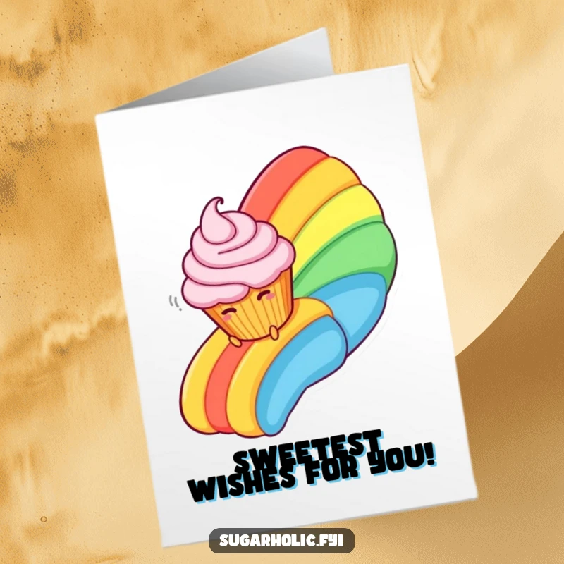 Funny Free Printable Birthday Card featuring a giggling cupcake sliding down a rainbow made entirely of frosting.