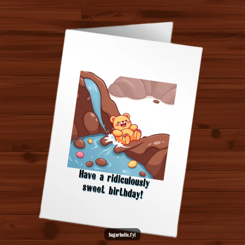 Funny Free Printable Birthday Card: A giggling gummy bear gleefully slides down a rich chocolate river, celebrating a birthday.
