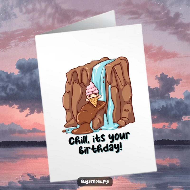 Funny free printable birthday card of a giddy ice cream cone character having a blast sliding down a luscious chocolate waterfall, a cool celebration.