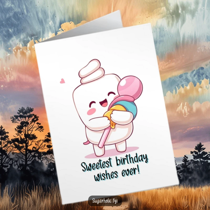 Funny free printable birthday card illustration of an ecstatic marshmallow character tightly hugging a comically oversized lollipop, pure joy.