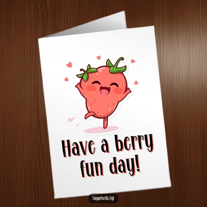 Funny Free Printable Birthday Card featuring a delighted strawberry character doing a cartwheel and spreading infectious giggles.