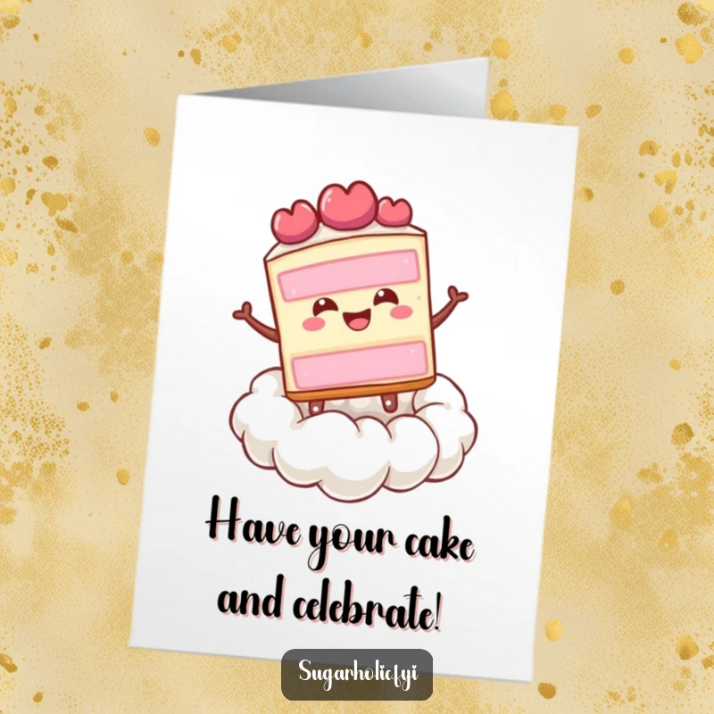 Funny free printable birthday card featuring a happy cake slice joyfully bouncing on a whipped cream cloud.