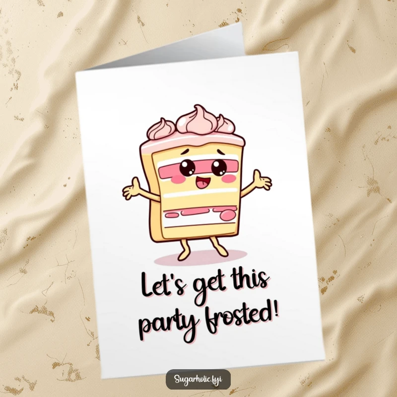 Funny Free Printable Birthday Card: A slice of cake happily dances, frosting slinging, in a festive birthday mood.