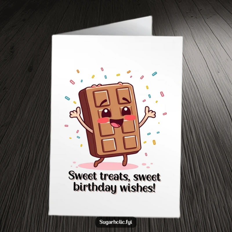 Funny Free Printable Birthday Card: Chocolate bar dancing joyfully with sprinkles raining down like confetti.