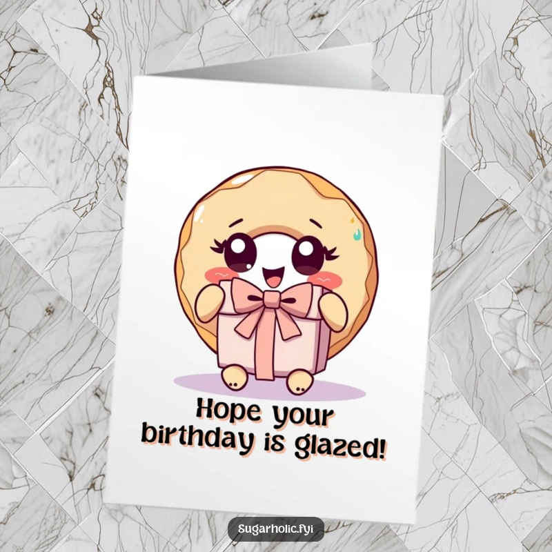 Funny Free Printable Birthday Card: A donut with huge eyes joyfully tears open a present, full of excitement.