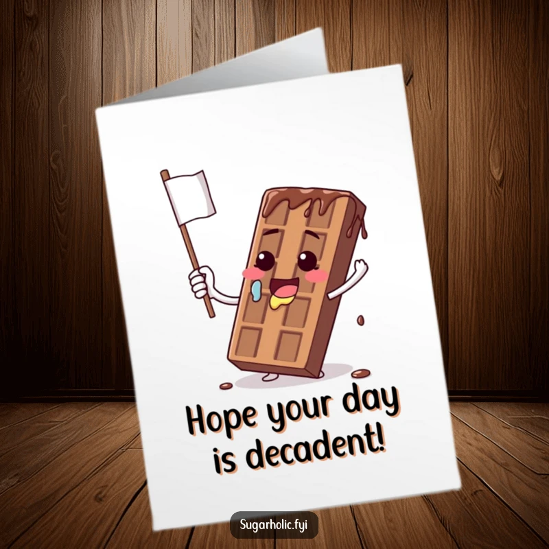 Funny free printable birthday card showing a melting chocolate bar comically waving a dripping flag, celebrating with humor.