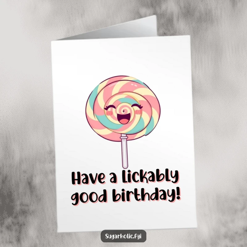 Free Printable Birthday Card: A gleeful lollipop character spinning with a radiant, sweet expression, radiating happiness.