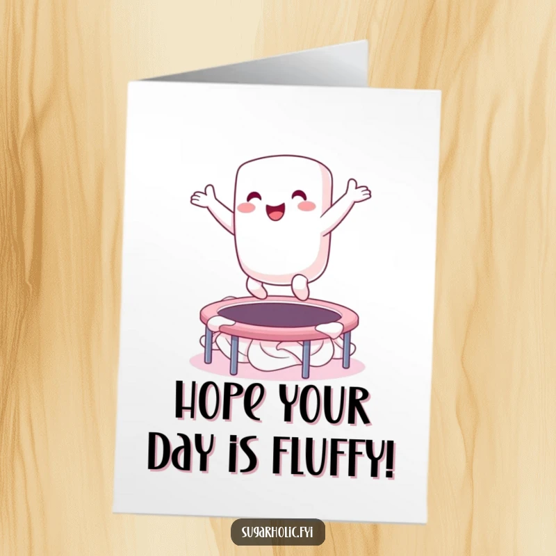 Funny Free Printable Marshmallow Birthday Card: An ecstatic marshmallow character bouncing high on a whipped cream trampoline, celebrating.