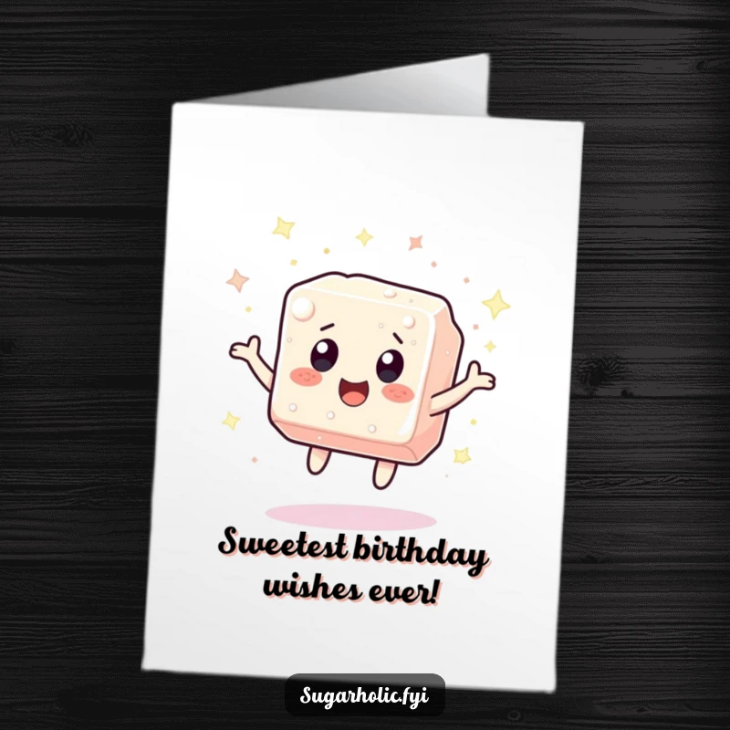 Funny Free Printable birthday card featuring a sugar cube character bouncing with excitement amidst a shower of bright sparkles.
