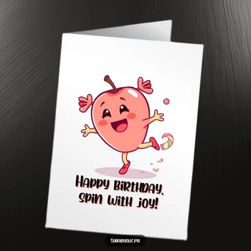 Funny Free Printable Birthday Card: A delighted candy apple character performs a dynamic cartwheel, leaving a sweet candy trail.