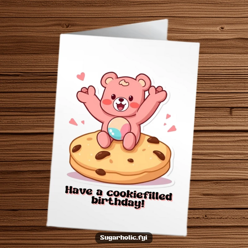 Funny Free Printable Birthday Card: Gummy bear character excitedly jumping on a huge cookie with enthusiasm.