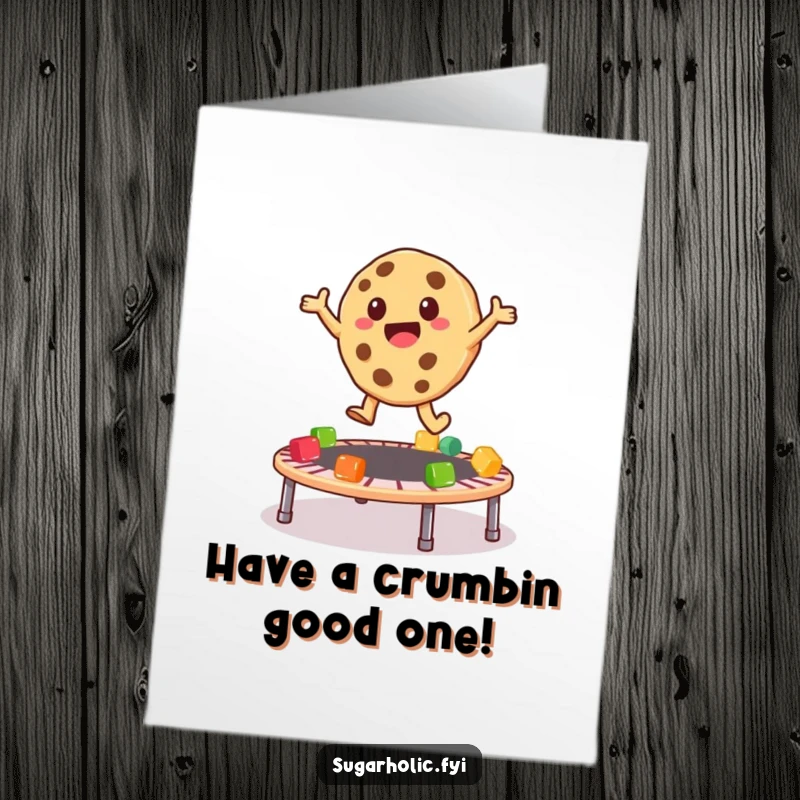 Funny Free Printable Birthday Card showing a playful cookie character happily bouncing on a trampoline made of gummy bears.