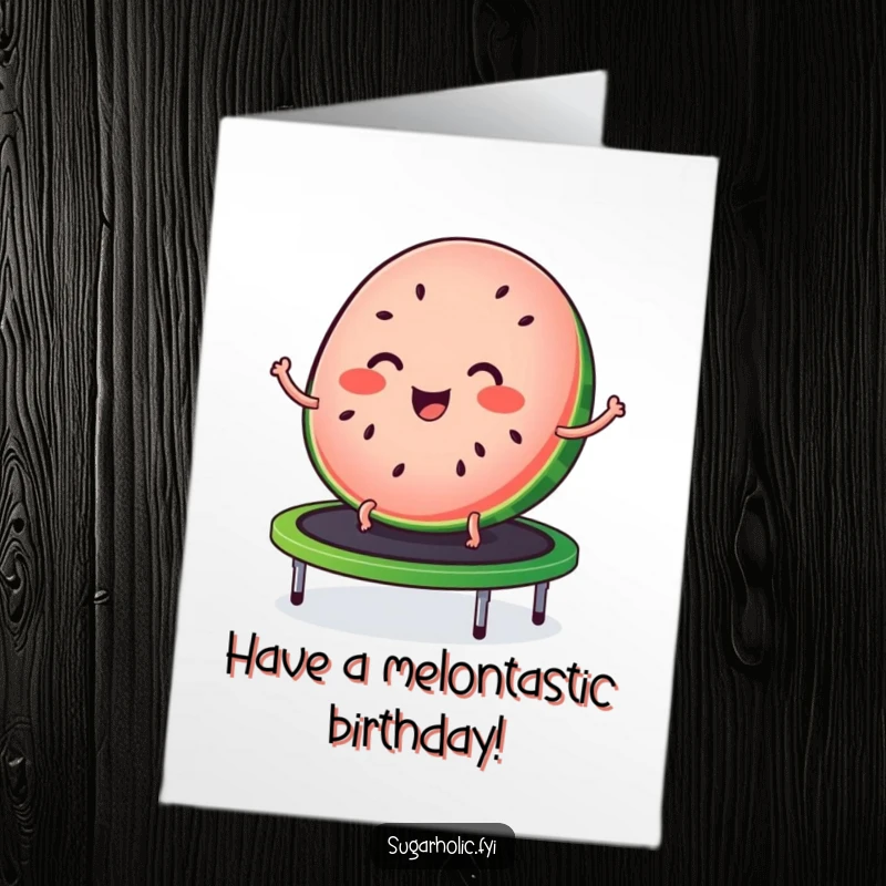 Funny free printable birthday card showing a joyful watermelon slice with freckle-like seeds bouncing energetically on a trampoline.