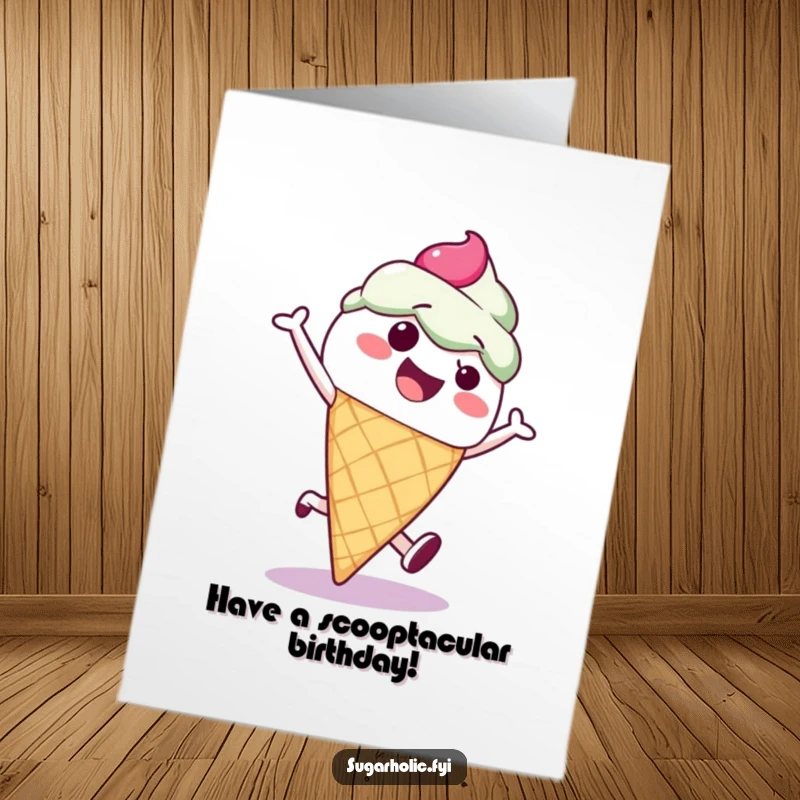 Funny Free Printable Birthday Card: A cheerful ice cream cone with sprinkles performs a dynamic cartwheel, celebrating joyfully.