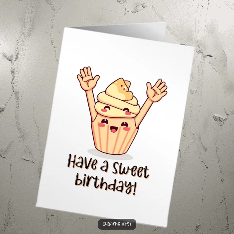 Funny free printable birthday card: a cheerful cupcake attempting to high-five a floating gummy bear.