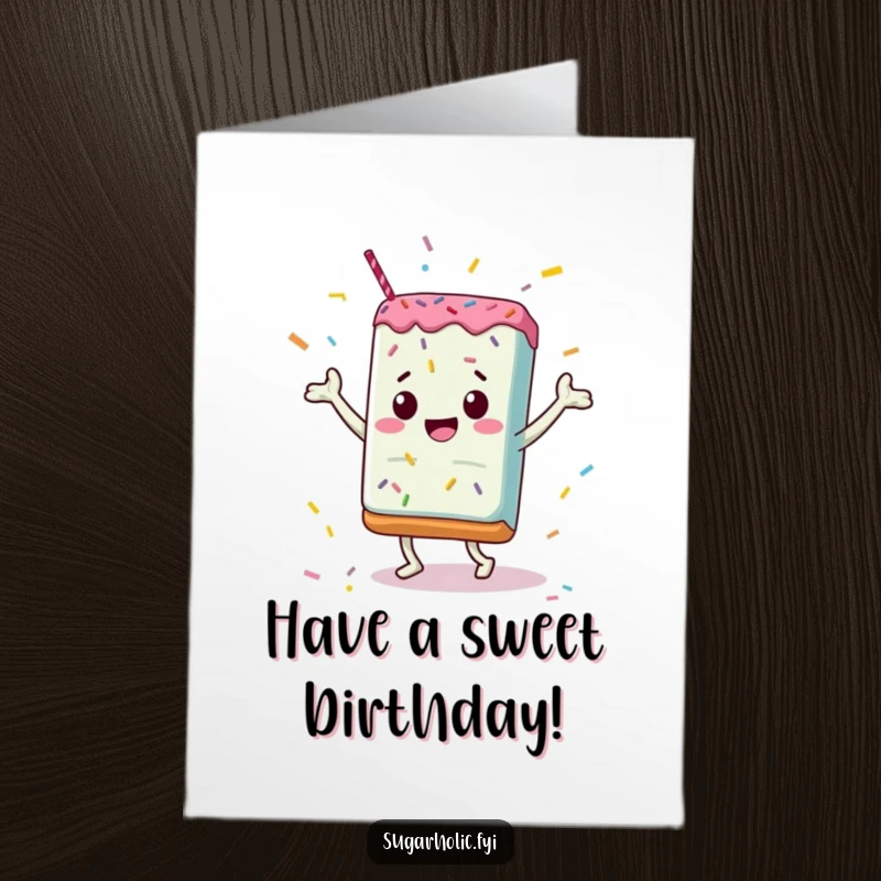 Funny free printable birthday card: A jubilant candy bar does a happy dance surrounded by colorful sprinkles, celebrating a birthday.