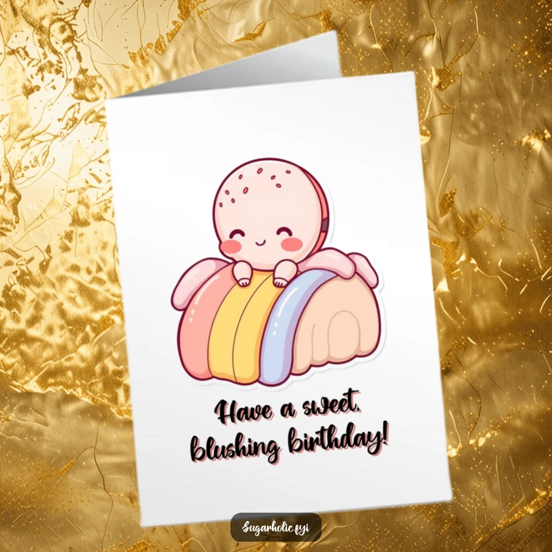 Funny Free Printable Birthday Card: Blushing macaroon character joyfully sliding down a frosting rainbow, pure delight.