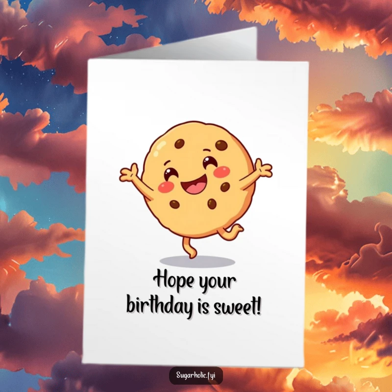 Funny Free Printable Birthday Card: A smiling cookie character performs an energetic and joyful cartwheel.