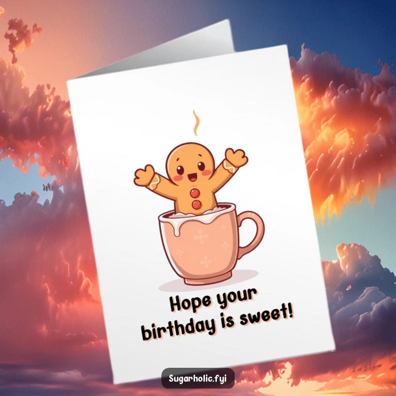 Funny free printable birthday card showing a gingerbread man comically surprised as he leaps over a steaming mug of cocoa.
