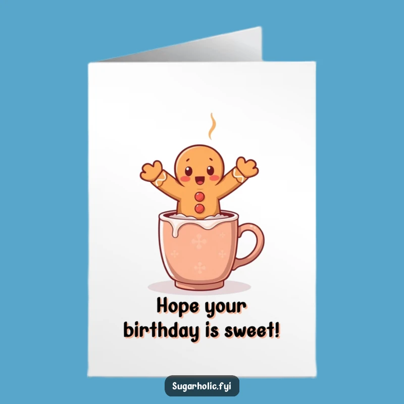 Free Printable Happy Birthday Card: Surprised Gingerbread Man Cocoa Leap Funny Gift