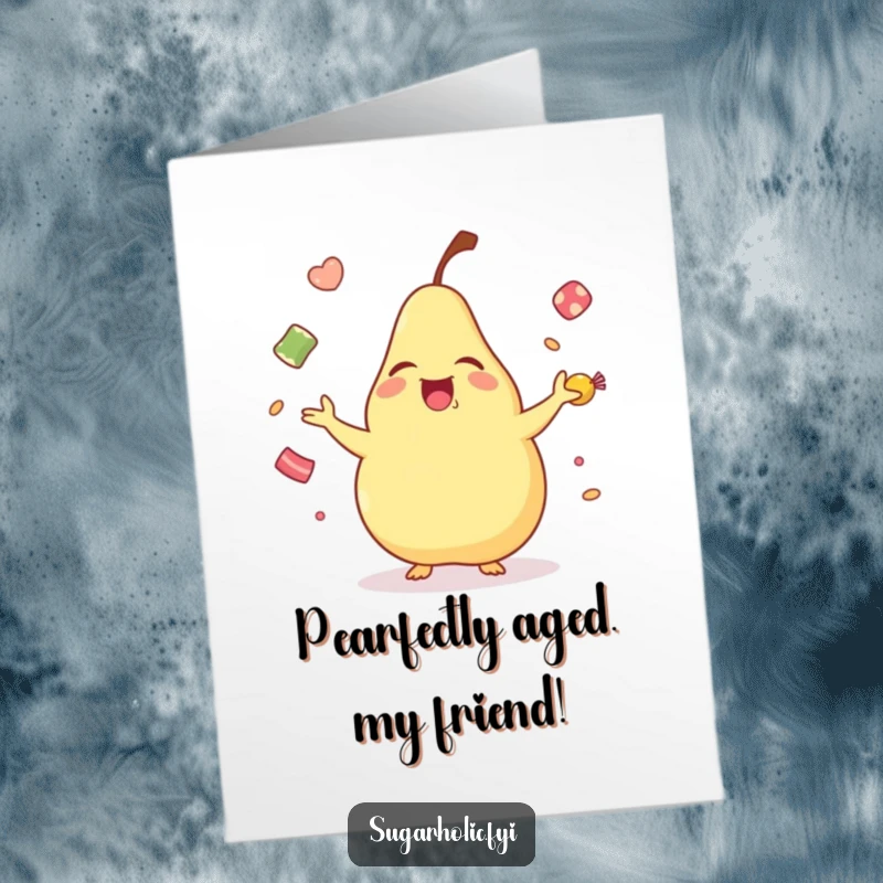 Funny Free Printable Birthday Card showing a joyous pear gleefully juggling small, colorful candies.