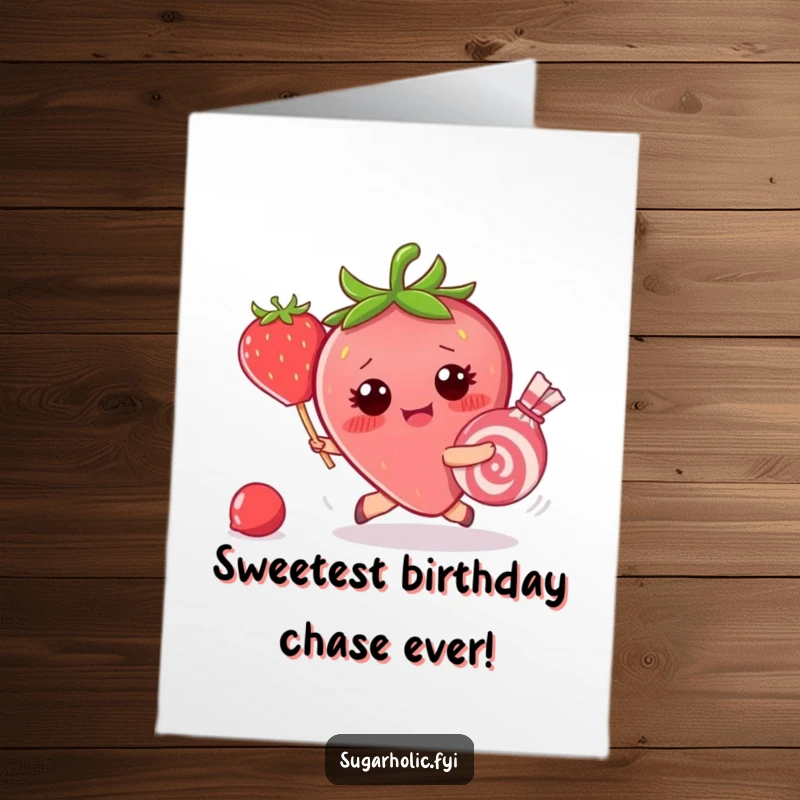 Funny Free Printable Birthday Card: Blushing strawberry comically chasing a runaway piece of candy, a sweet and humorous chase.