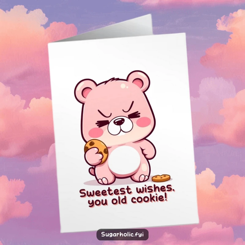 Funny Free Printable Birthday Card: Mischievous gummy bear caught red-handed stealing a cookie with a sly grin.