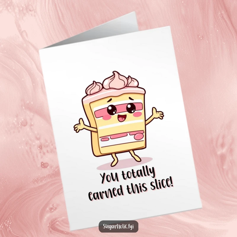 Funny Free Printable Congratulations Card: A happy cake slice dances wildly, frosting flying, celebrating achievements.